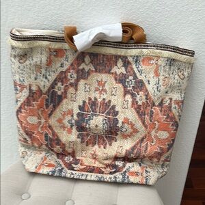 Brown and Orange Tapestry Tote Bag with Leather Handles